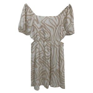 Sincerely Jules Beige & White Abstract Puff Sleeve Mini Dress Elastic Waist 55%